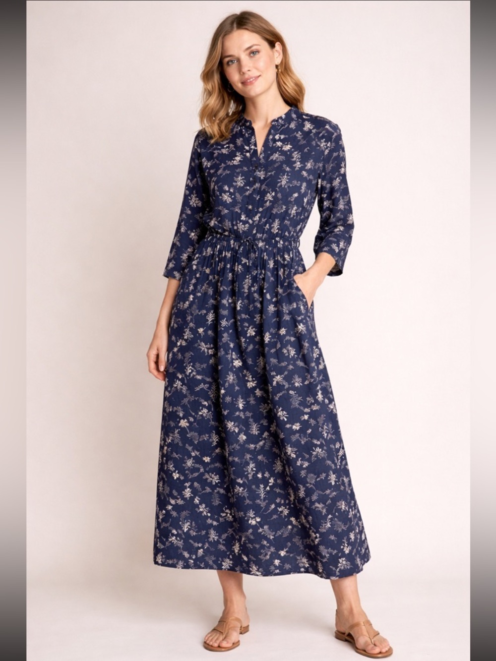 ICHI 100% linen shirt-style dress gathered skirt Button Up Pockets Made in Japan